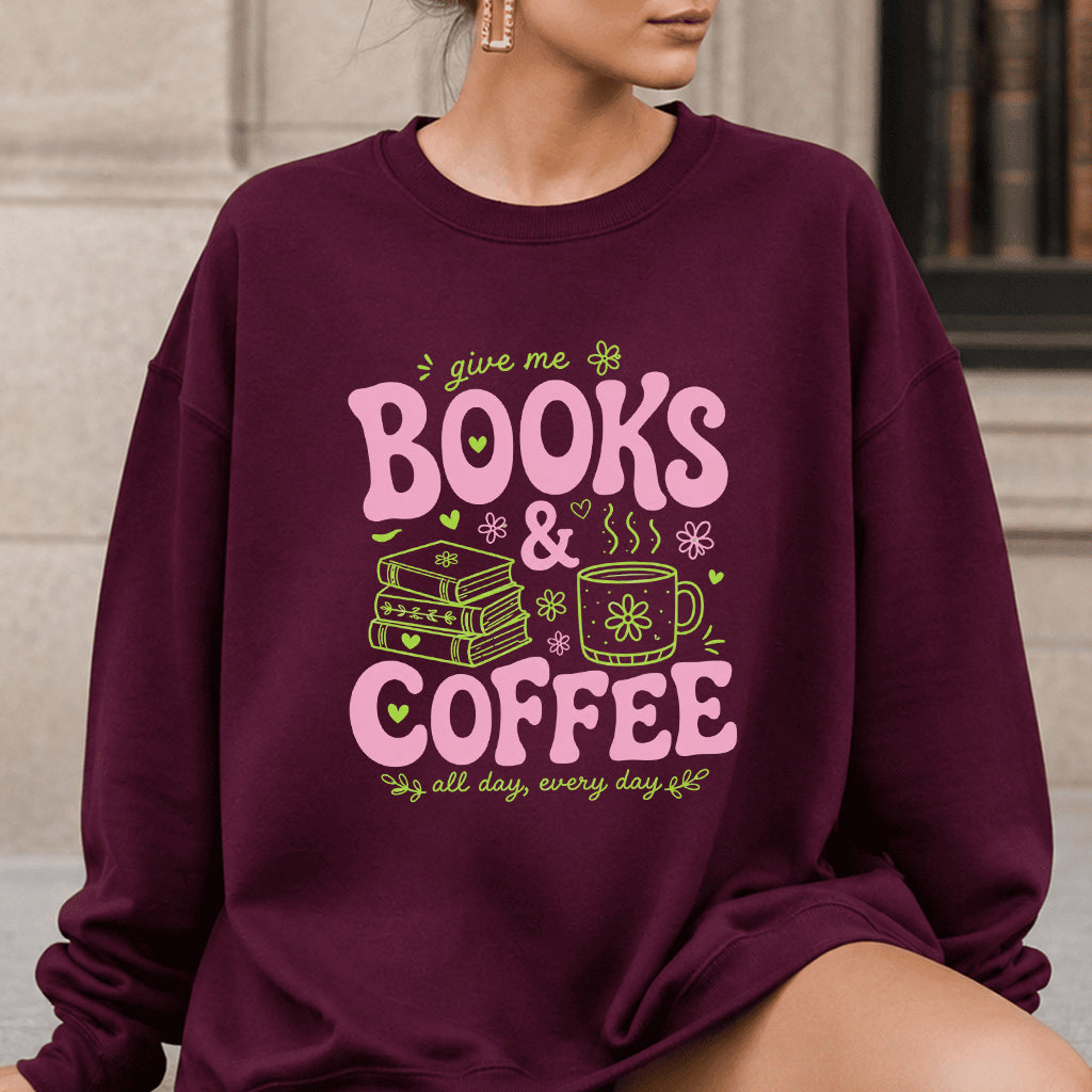 Books and Coffee Crewneck Sweatshirt | Reader Gift Maroon