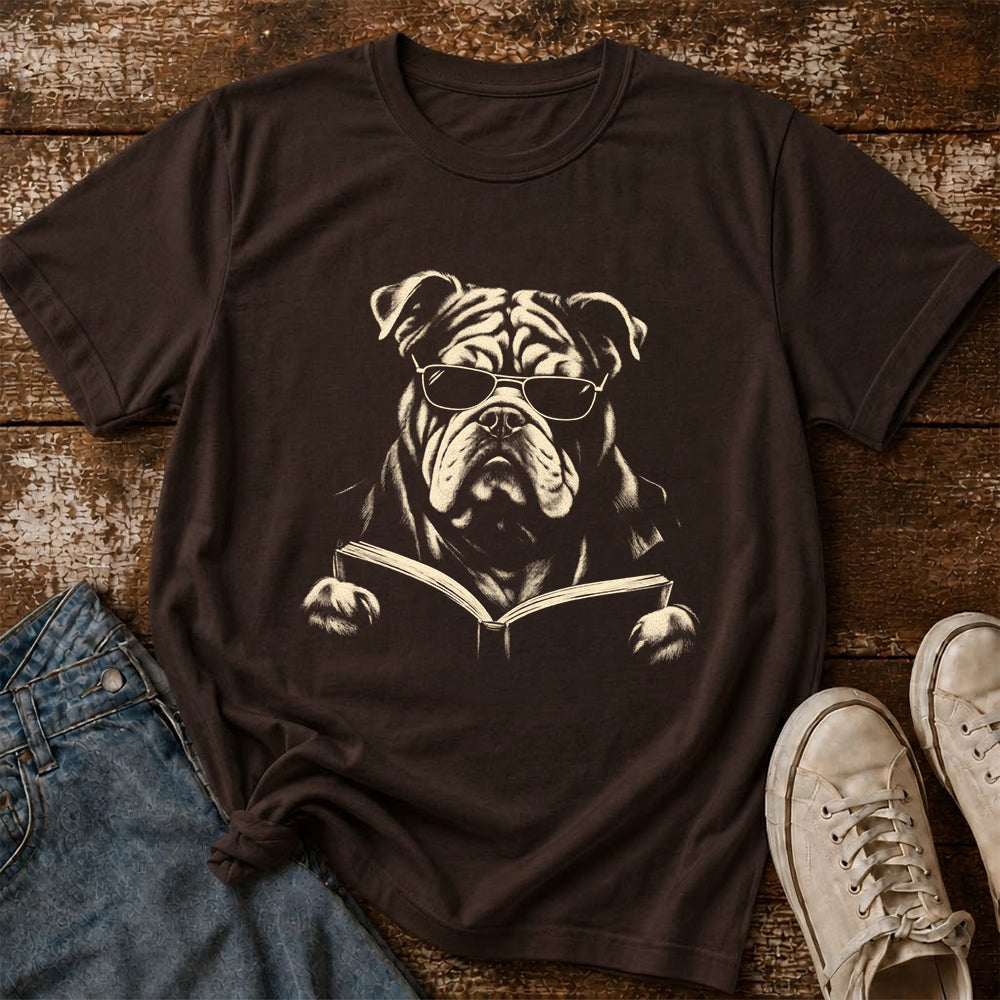 Bulldog Reading Book Softstyle T-Shirt | Book Lover Gift Dark Chocolate