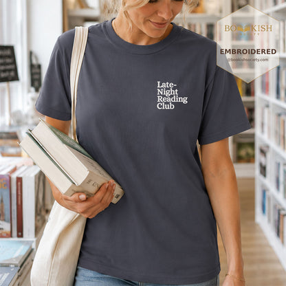 Late Night Reading Club Embroidered Comfort Color® T-shirt | Book Lover Gift Denim