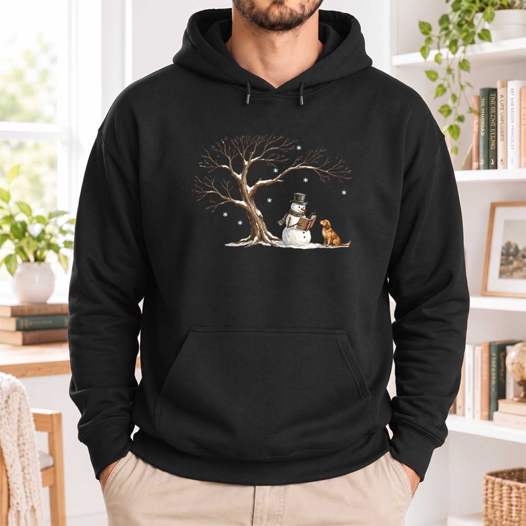 Golden Retriever And Snowman Under Tree Softstyle Hoodie | Christmas Reader Gift Black