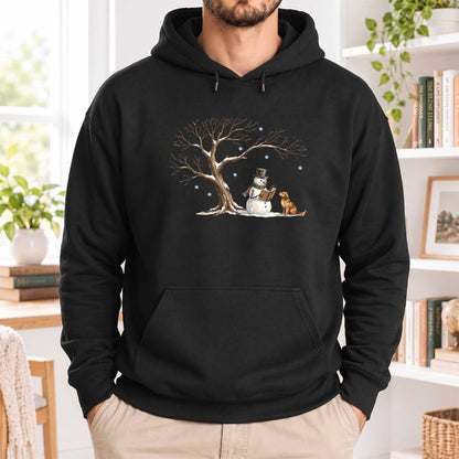 Golden Retriever And Snowman Under Tree Softstyle Hoodie | Christmas Reader Gift Black