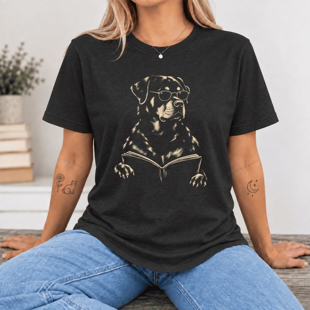 Rottweiler Reading Book Ultra-Soft Cotton T-Shirt | Dog Mom Reader Gift Black Heather