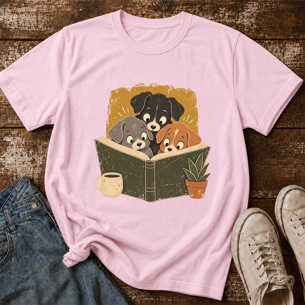 Minimal Japanese Dogs Reading Softstyle T-Shirt | Book Lover Gift Light Pink