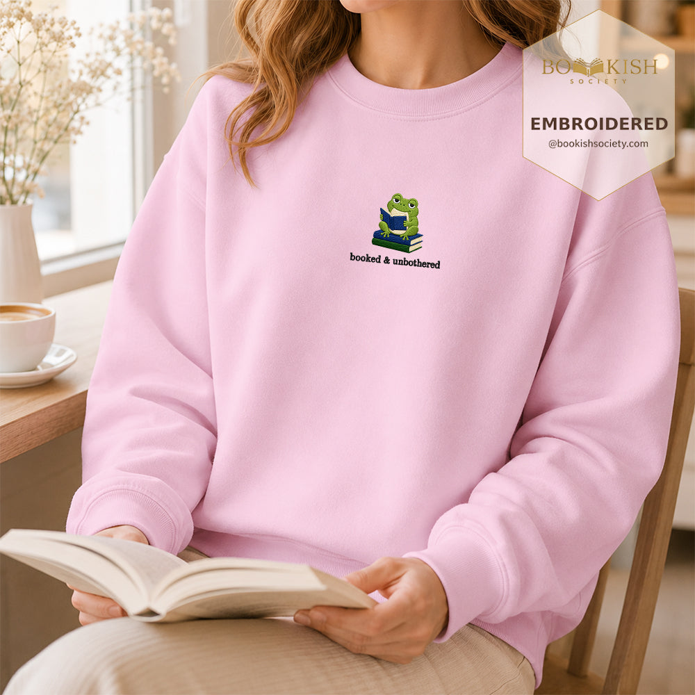 Booked and Unbothered Embroidered Sweatshirt | Reader Gift Light Pink