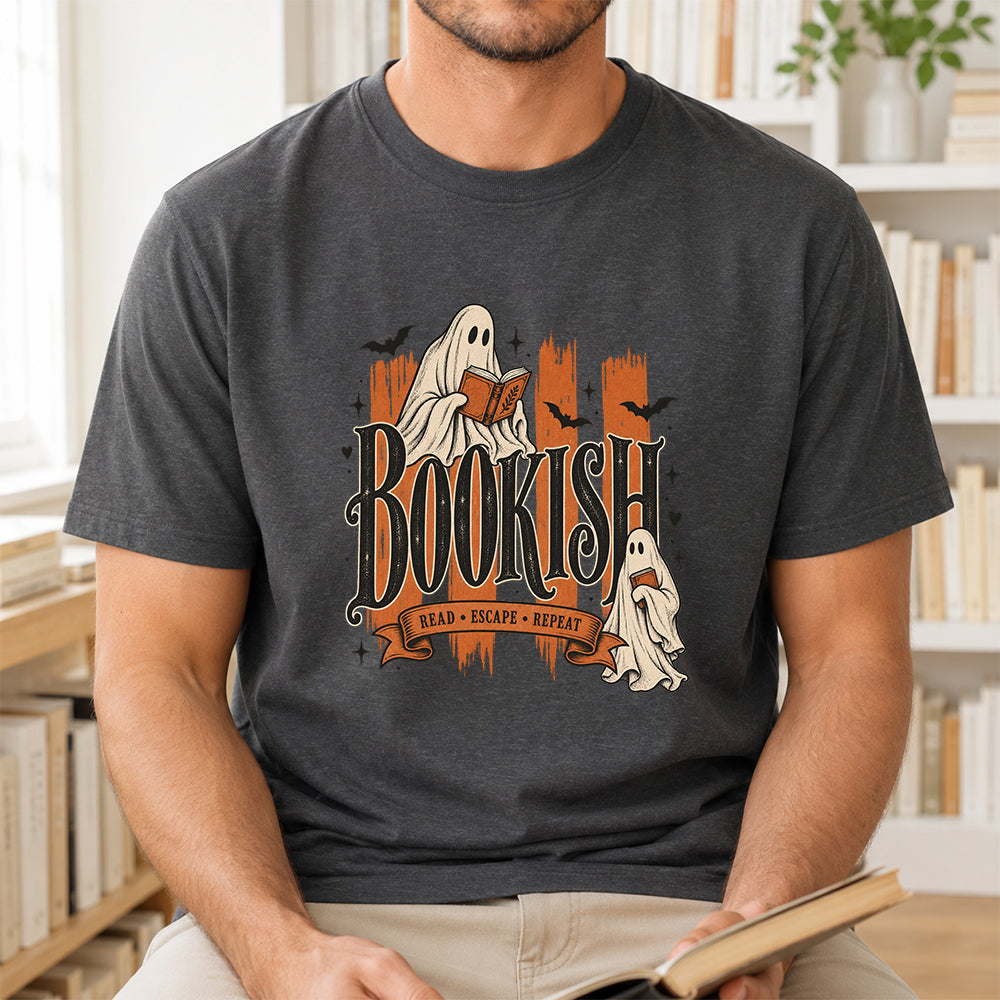 Bookish Read Escape Repeat Printed T-Shirt | Halloween Book Lover Gift Dark Heather