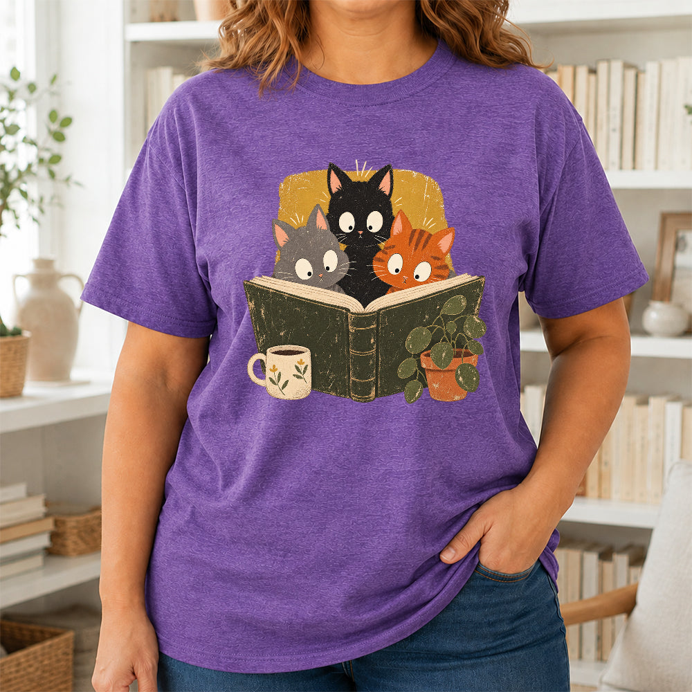 Minimal Japanese Cats Reading Softstyle T-Shirt | Book Lover Gift Heather Purple
