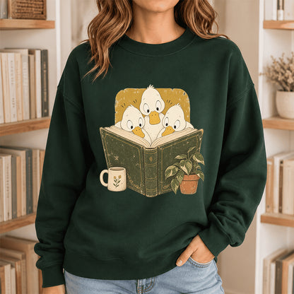 Minimal Japanese Ducks Reading Crewneck Sweatshirt | Reader Gift Forest Green