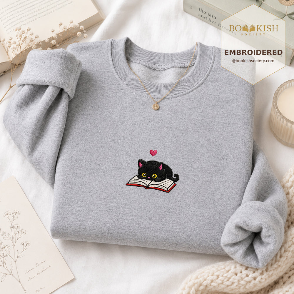 Black Cat and Book Embroidered Sweatshirt | Reader Gift Sport Grey