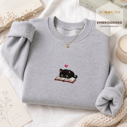Black Cat and Book Embroidered Sweatshirt | Reader Gift Sport Grey