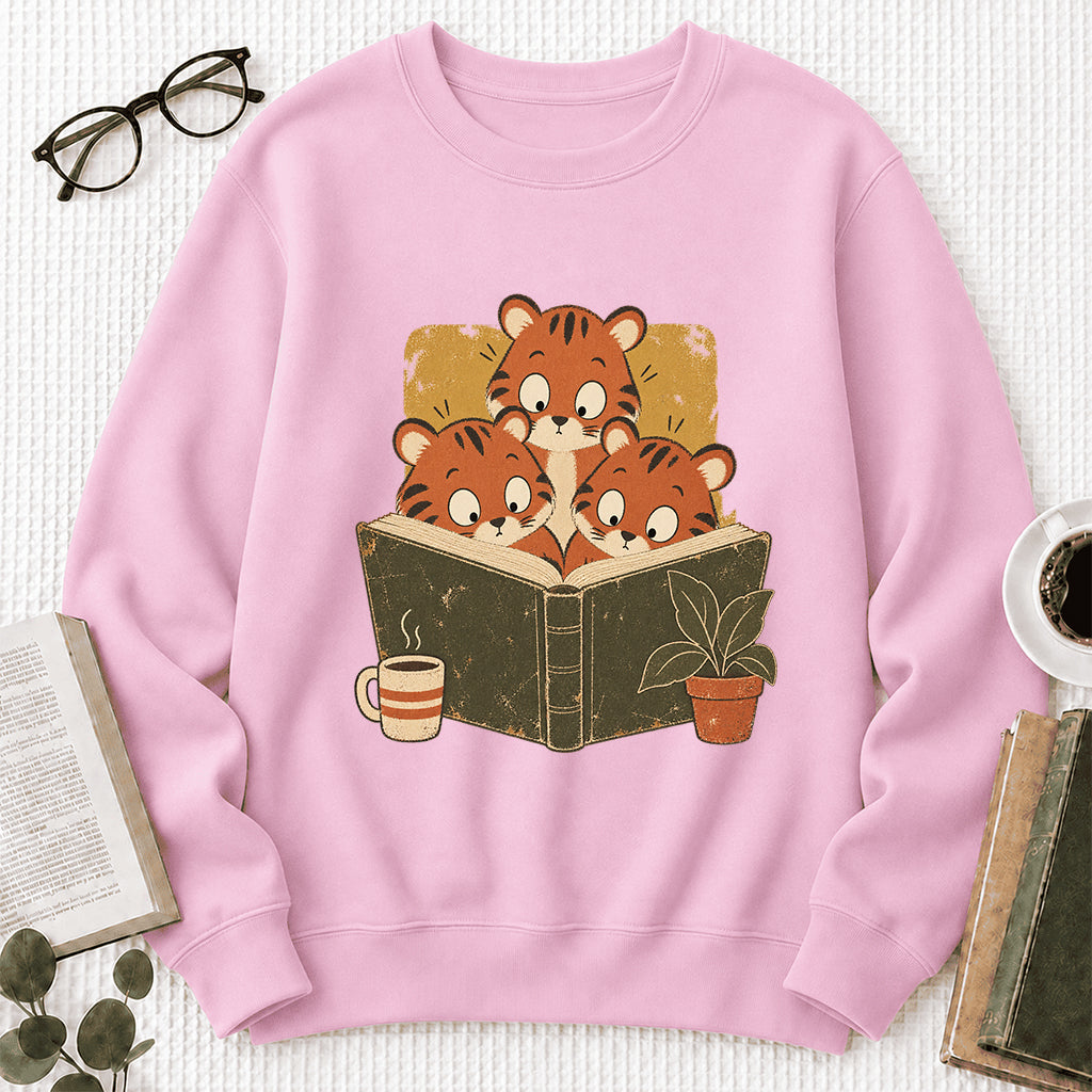 Minimal Japanese Tigers Reading Crewneck Sweatshirt | Reader Gift Light Pink