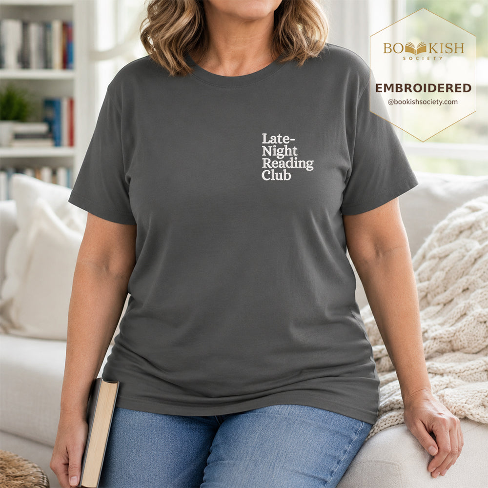 Late Night Reading Club Embroidered Comfort Color® T-shirt | Book Lover Gift Pepper