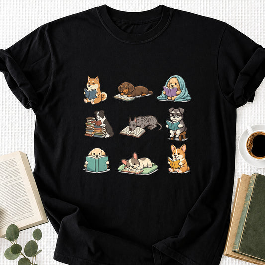 Funny Dogs Reading Softstyle T-Shirt | Book Lover Gift Black