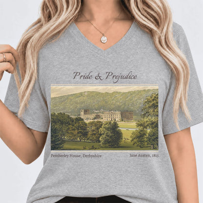 Pemberley House Pride And Prejudice Ultra-Soft V-Neck | Classic Literature Reader Gift Athletic Heather