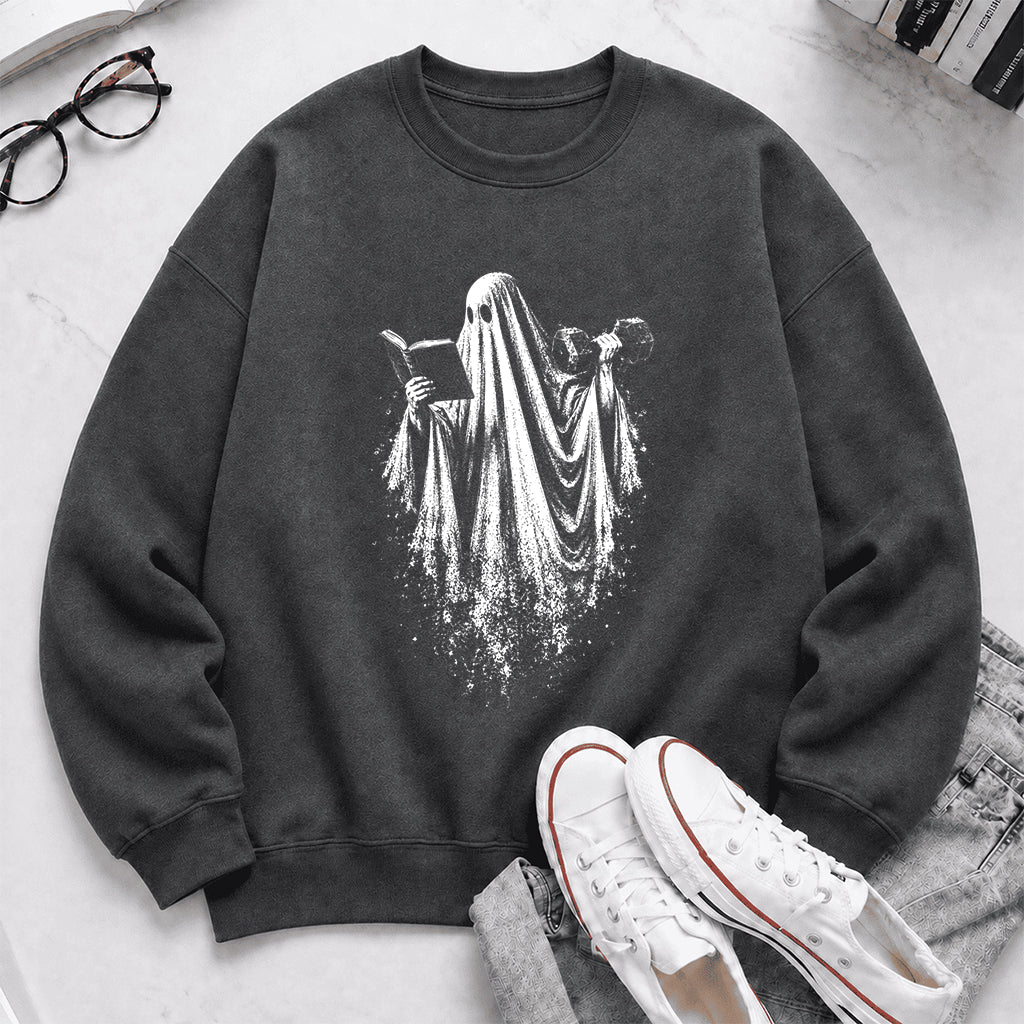 Reading Gym Ghost Printed Sweatshirt | Halloween Book Lover Gift Dark Heather