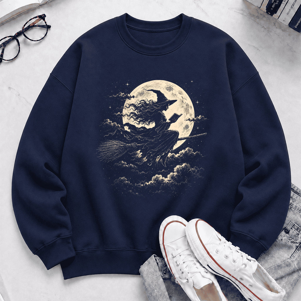 Reading Witch On The Flying Broom Printed Sweatshirt | Halloween Reader Gift Navy