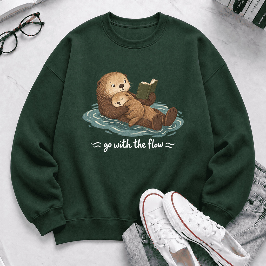 Go With The Flow Otter Reading Crewneck Sweatshirt | Reader Gift Forest Green