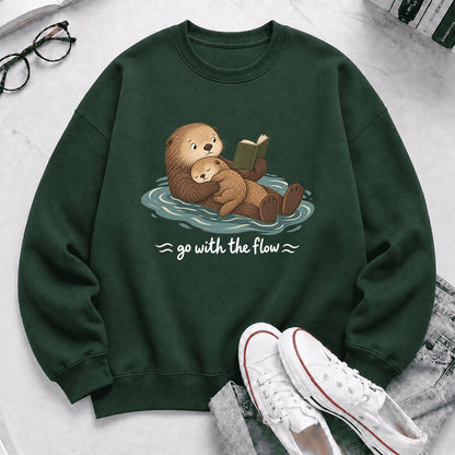 Go With The Flow Otter Reading Crewneck Sweatshirt | Reader Gift Forest Green
