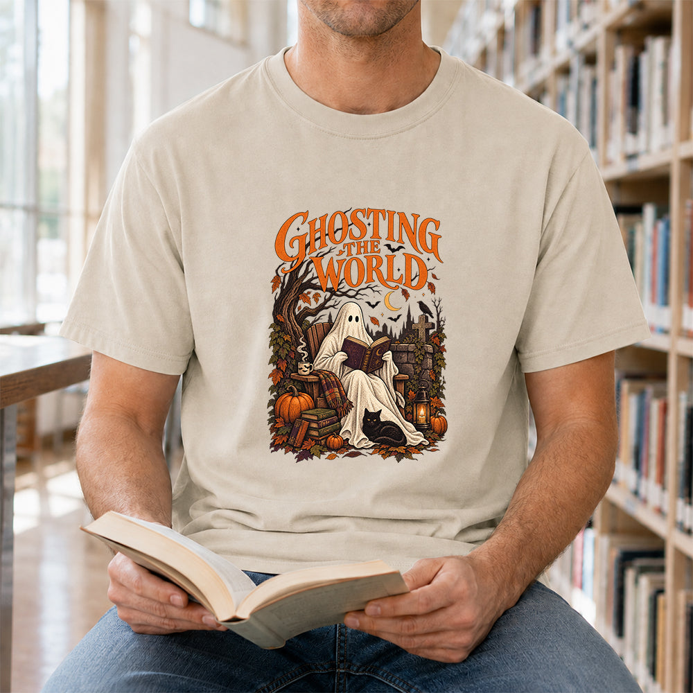 Ghosting The World Cotton T-Shirt | Halloween Book Lover Gift Sand