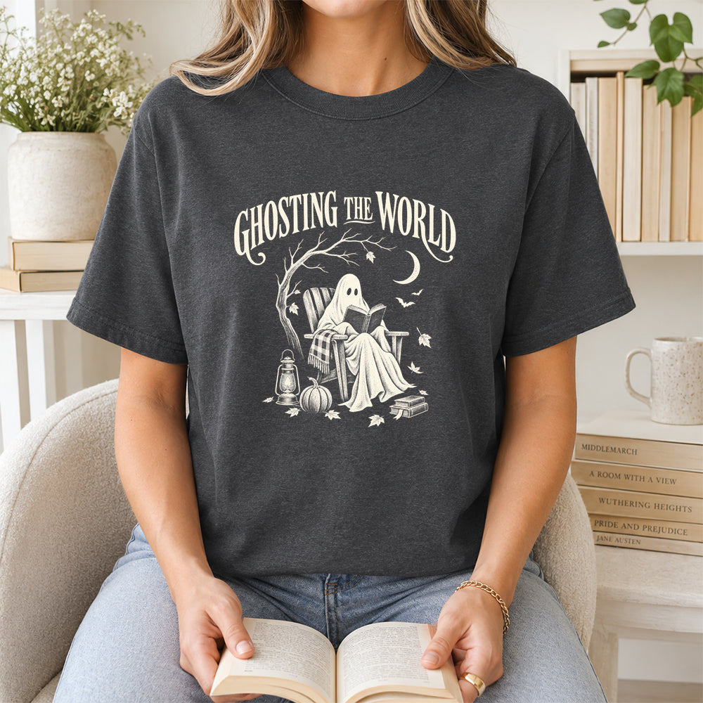 Ghosting The World Cotton T-Shirt | Halloween Book Lover Gift Dark Heather