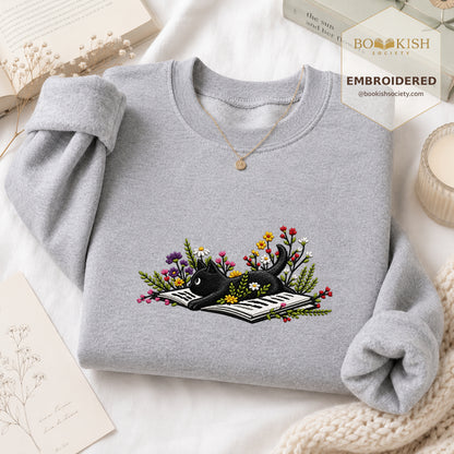 Cat and Book Embroidered Sweatshirt | Reader Gift Sport Grey