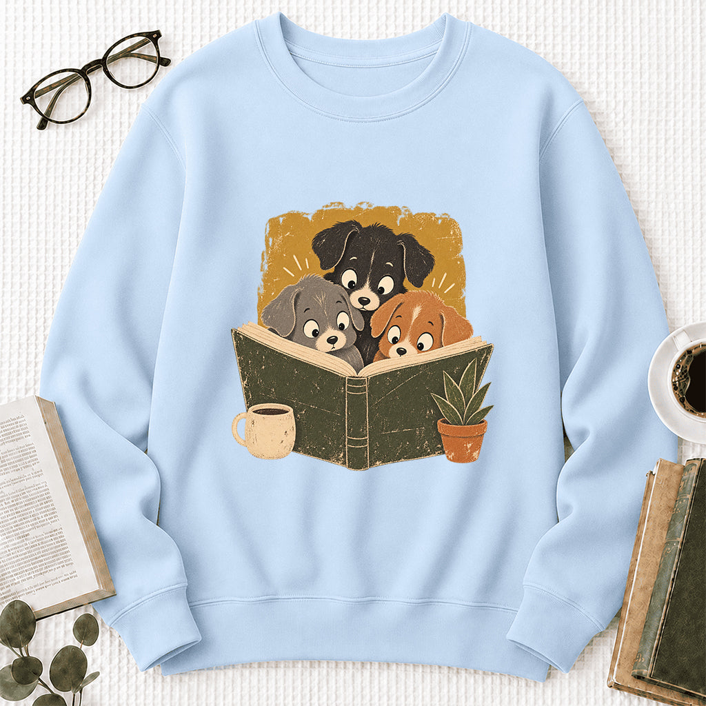 Minimal Japanese Dogs Reading Crewneck Sweatshirt | Reader Gift Light Blue