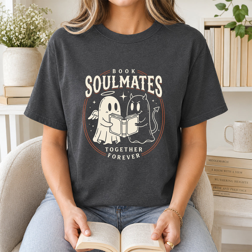 Book Soulmates Together Forever Printed T-Shirt | Halloween Book Lover Gift Dark Heather