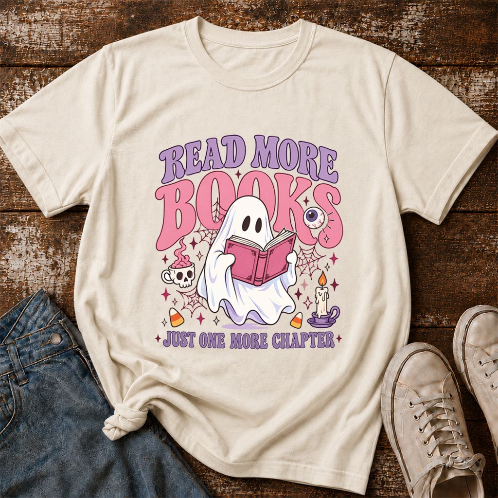 Read More Books Ghost Printed T-Shirt | Halloween Book Lover Gift Natural