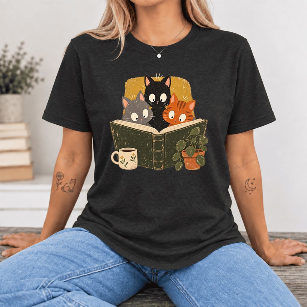 Curious Reading Cats Ultra-Soft Cotton T-Shirt | Cat Lover Reader Gift Black Heather