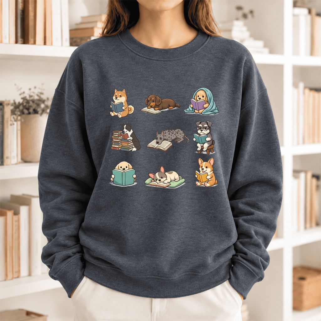 Funny Reading Dogs Embroidered Sweatshirt | Dog Mom Reader Gift Dark Heather