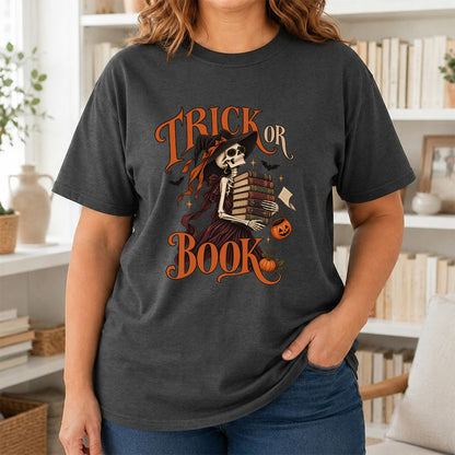 Trick Or Book Lady Printed T-Shirt | Halloween Book Lover Gift Dark Heather