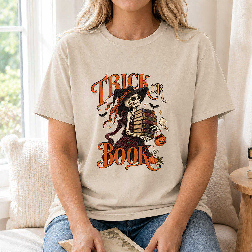 Trick Or Book Lady Printed T-Shirt | Halloween Book Lover Gift Sand