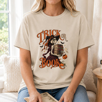 Trick Or Book Lady Printed T-Shirt | Halloween Book Lover Gift Sand