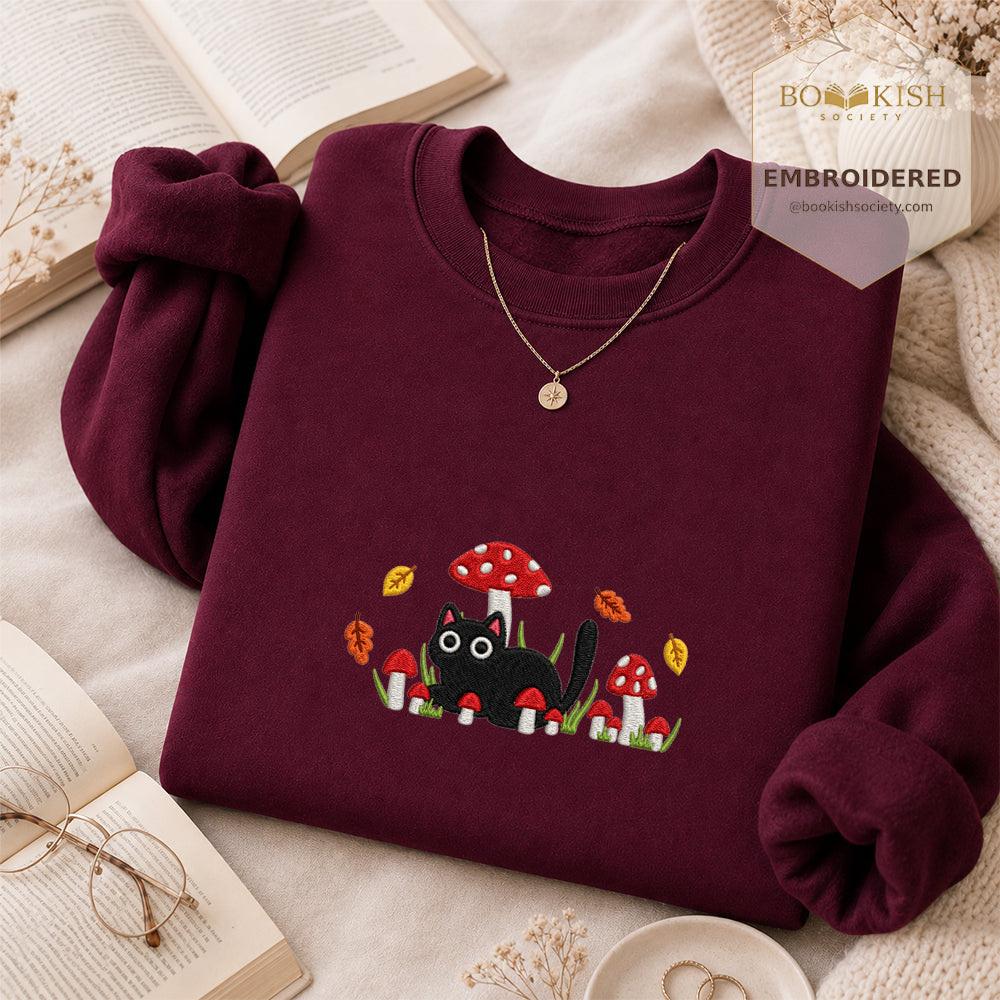 Mushroom Cat Embroidered Sweatshirt | Reader Gift Maroon