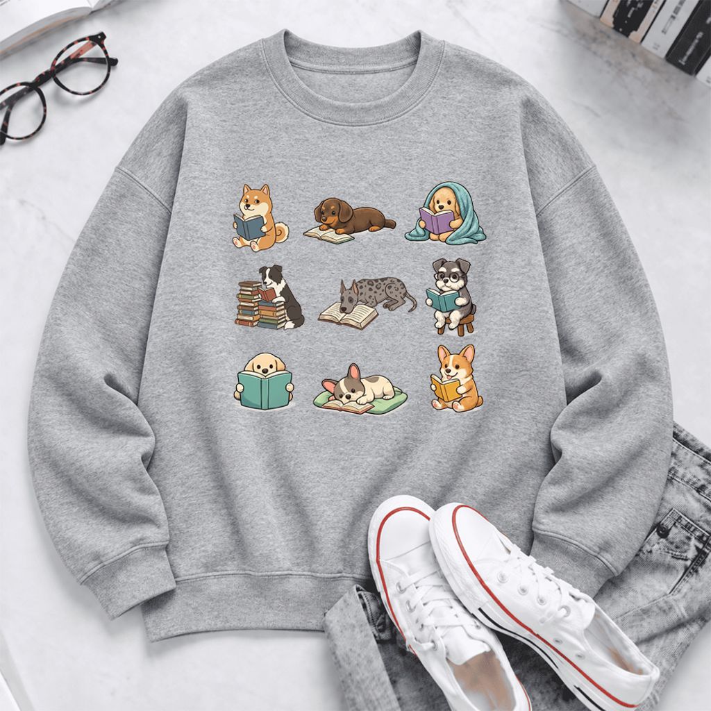 Funny Reading Dogs Embroidered Sweatshirt | Dog Mom Reader Gift Sport Grey