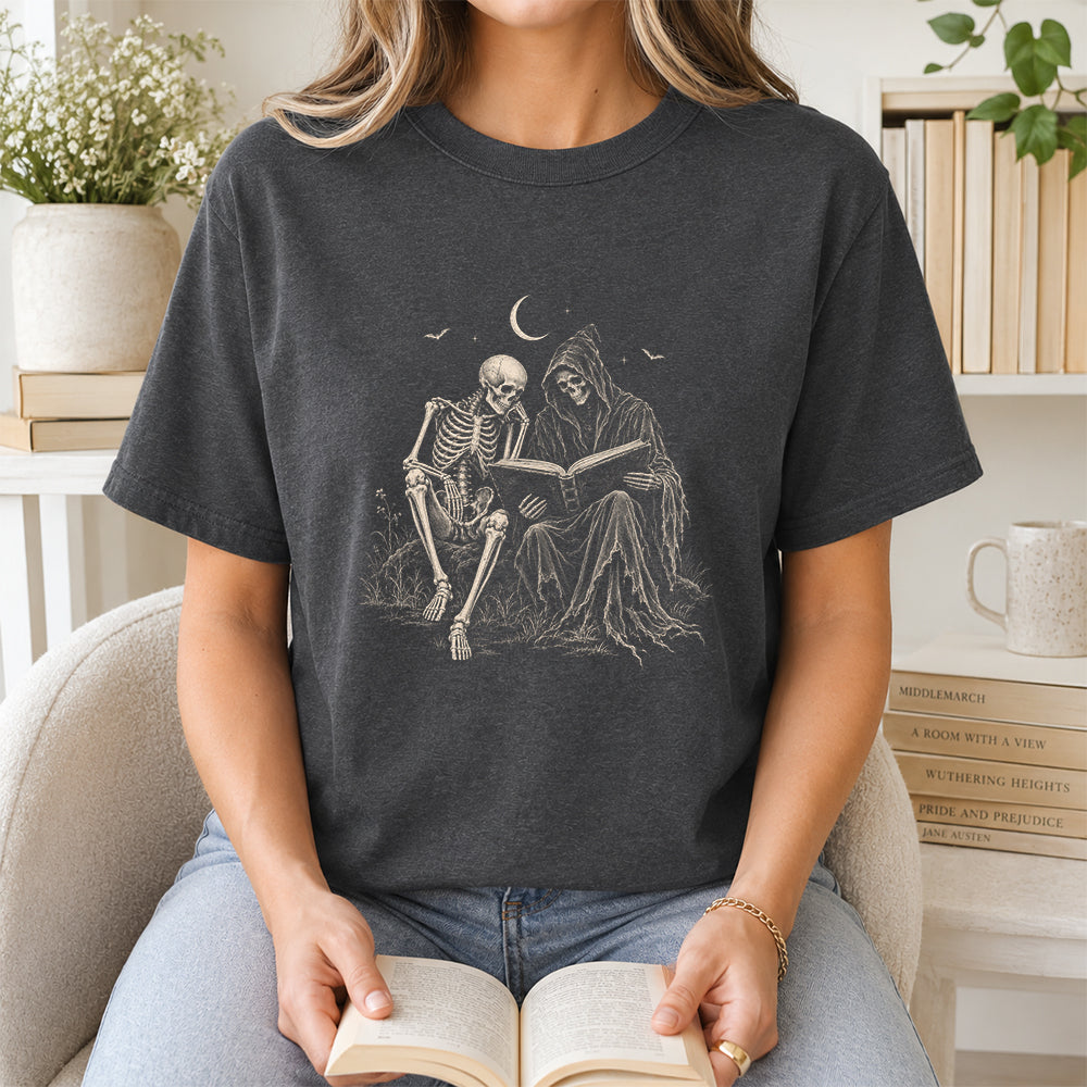 Halloween Reading Buddies Printed T-Shirt | Halloween Book Lover Gift Dark Heather