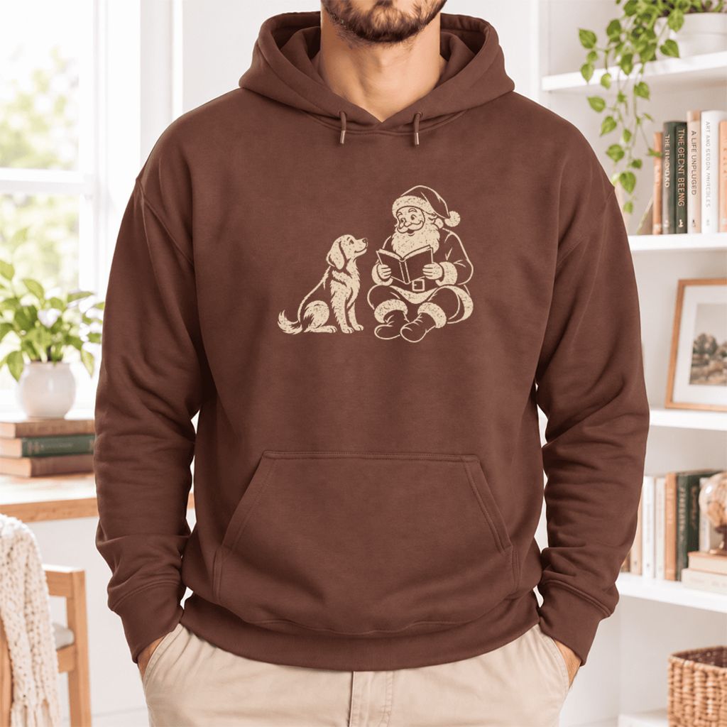 Funny Dog With Santa Christmas Softstyle Hoodie | Christmas Gift For Dog & Book Lover Cocoa