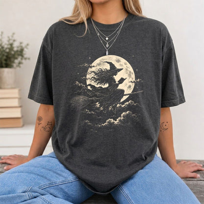 Reading Witch On The Flying Broom Printed T-Shirt | Halloween Book Lover Gift Dark Heather