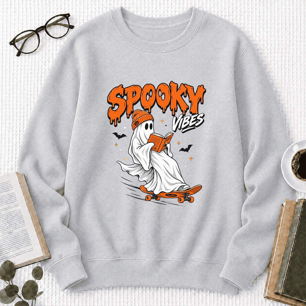 Spooky Vibes Printed Sweatshirt | Halloween Reader Gift Sport Grey