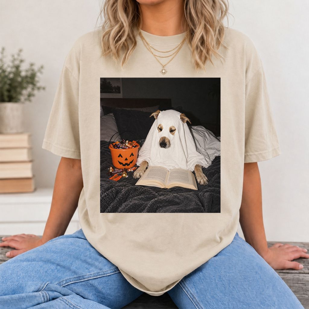 Cute Reading Ghost Dog Printed T-Shirt | Halloween Book Lover Gift Sand