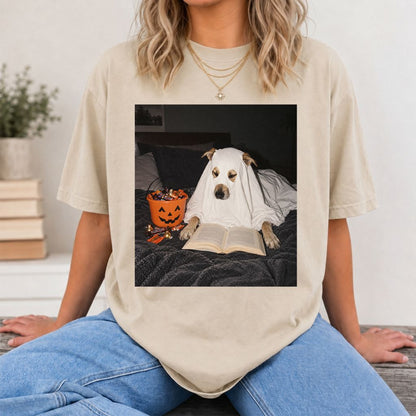 Cute Reading Ghost Dog Printed T-Shirt | Halloween Book Lover Gift Sand