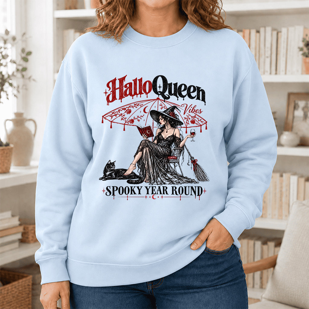 Halloqueen Spooky Year Round Printed Sweatshirt | Spooky Book Lover Gift Light Blue