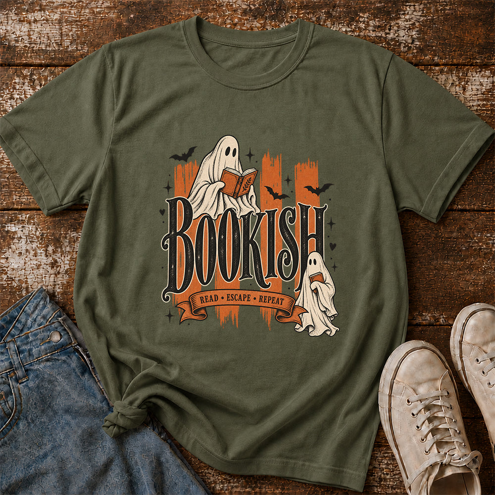 Bookish Read Escape Repeat Printed T-Shirt | Halloween Book Lover Gift Military Green