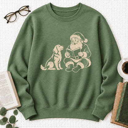 Funny Dog With Reading Santa Softstyle Sweatshirt | Christmas Book Lover Gift Military Green