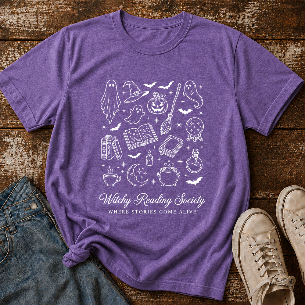 Witchy Reading Society Printed T-Shirt | Halloween Reader Gift Heather Purple