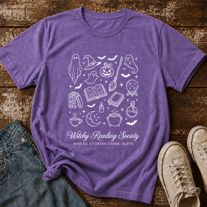 Witchy Reading Society Printed T-Shirt | Halloween Reader Gift Heather Purple