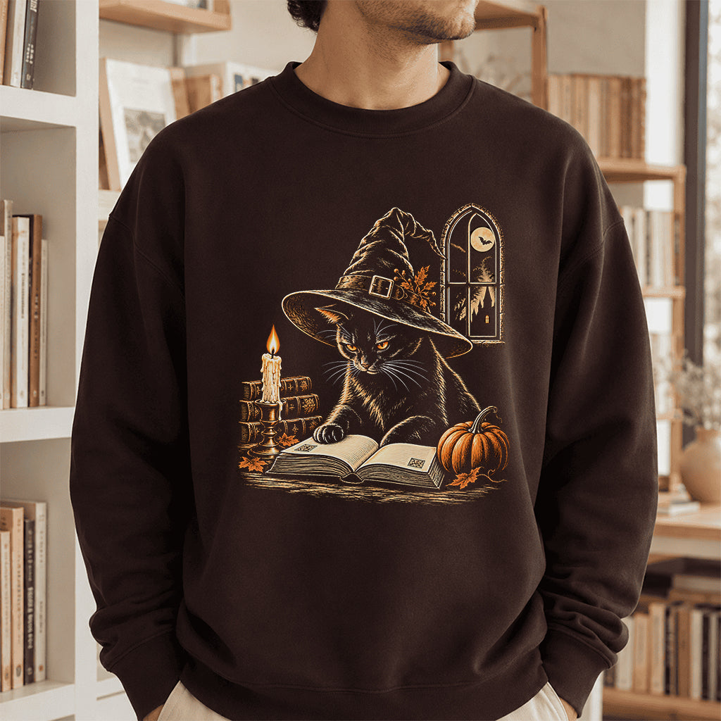 Reading Black Cat Witch Printed Sweatshirt | Halloween Book Lover Gift Dark Chocolate
