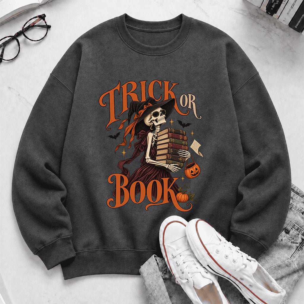 Trick Or Book Printed Sweatshirt | Halloween Book Lover Gift Dark Heather
