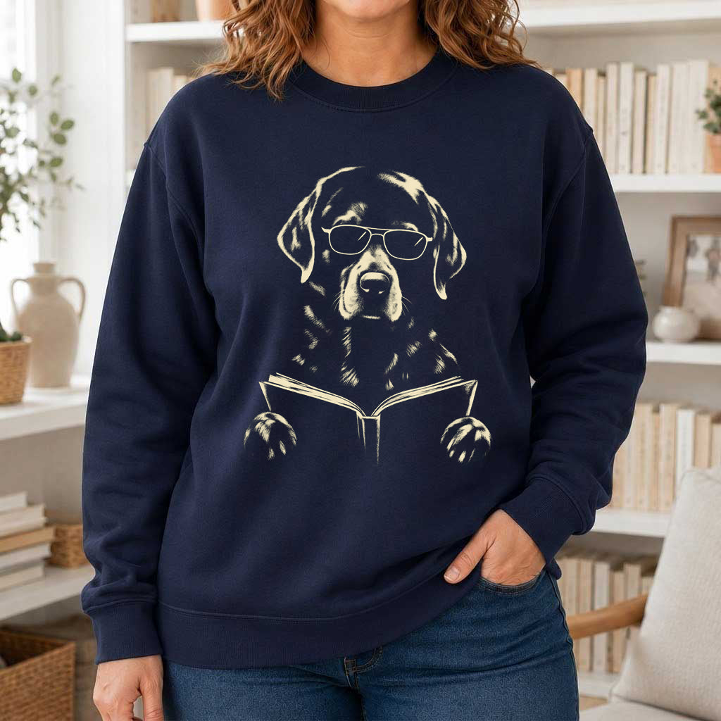 Labrador Retriever Reading Book Crewneck Sweatshirt | Reader Gift Navy