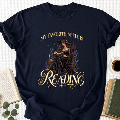 My Favorite Spell Is Reading Printed T-Shirt | Halloween Fantasy Book Lover Gift Navy