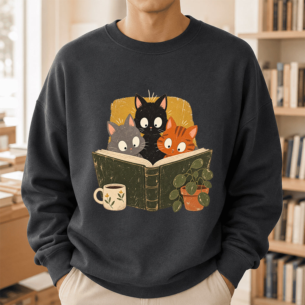 Minimal Japanese Cats Reading Crewneck Sweatshirt | Reader Gift Dark Heather